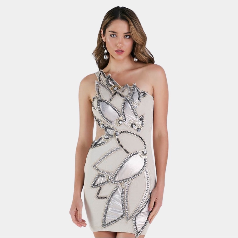 One Shoulder Embroidered Lurex Dress